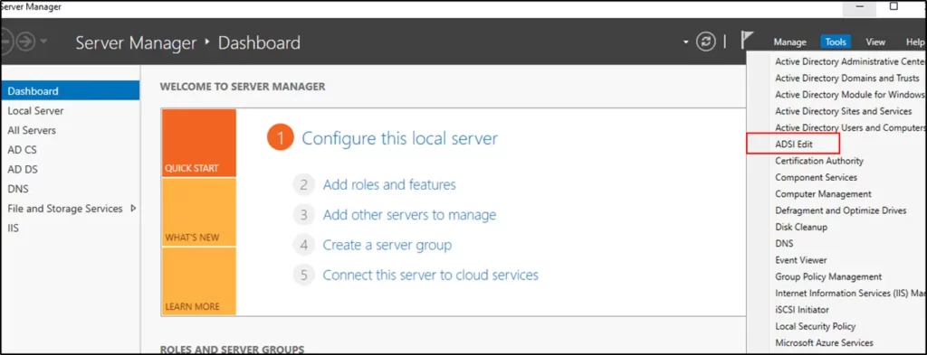 Server Manager Screen Shot selecting ADSI Edit.