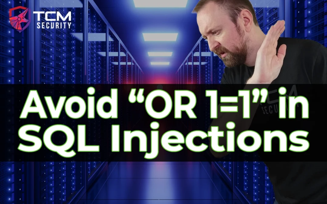 A server room with the title of the blog written in the middle, "Avoid "OR 1=1" in SQL Injections" and an image of Tib3rius about to smack the "OR 1=1" in the title