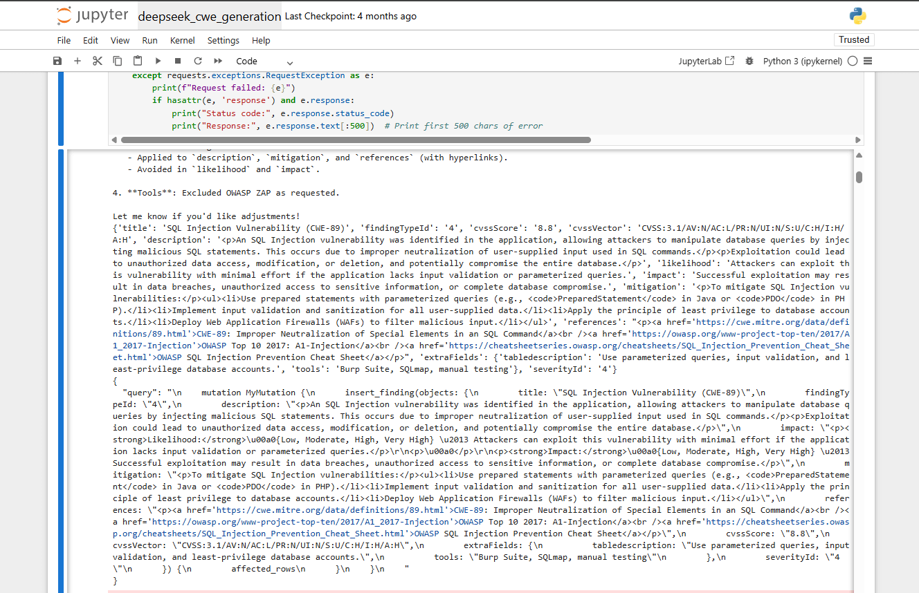 jupyter-deepseek-cwe-generation Using Jupyter to generate CWE report text